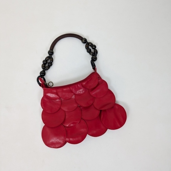 Scalloped Shoulder Bag Purse Handbag Beaded Faux Leather Pleather Cherry Red - Picture 10 of 10